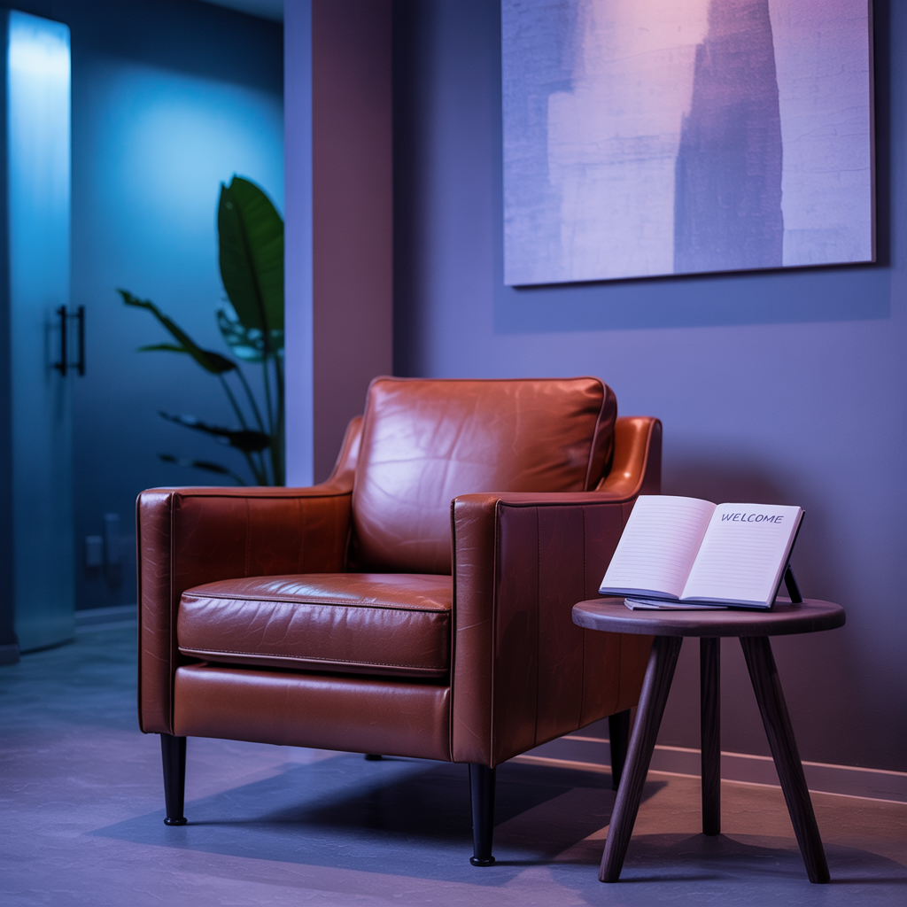 First Hypnosis Consultation - Welcoming therapy office with comfortable seating and warm lighting