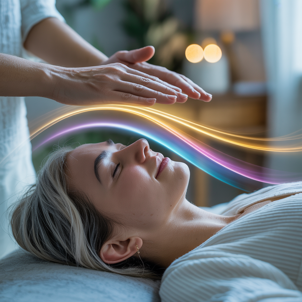 Reiki Session - Gentle hands positioned above a person lying peacefully with healing energy